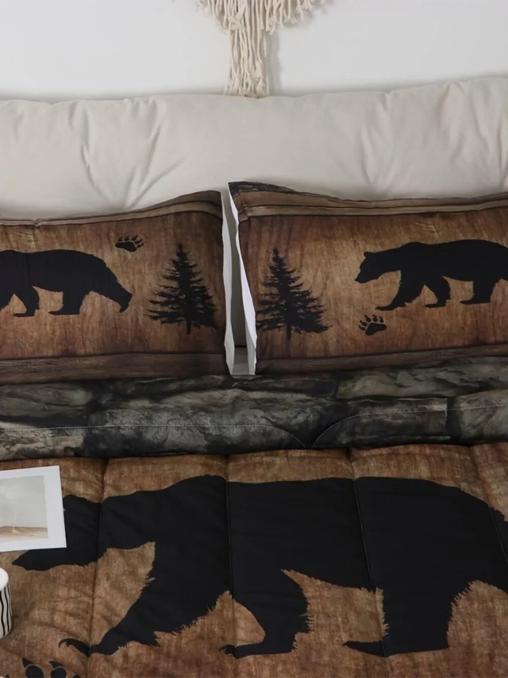 Rustic Bear Comforter Set Queen Size,Wild Animal Hunting Bedding Set 3pcs,Farmho